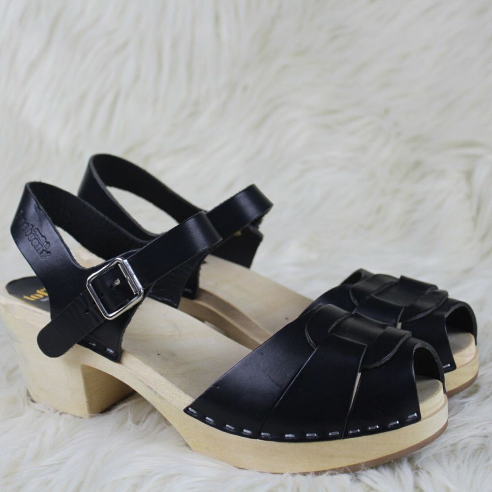 Swedish Hasbeens Low Heel Peep Toe Clogs Sandals